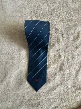 Schreter Navy Blue Striped Necktie with Red Embroidered Detail